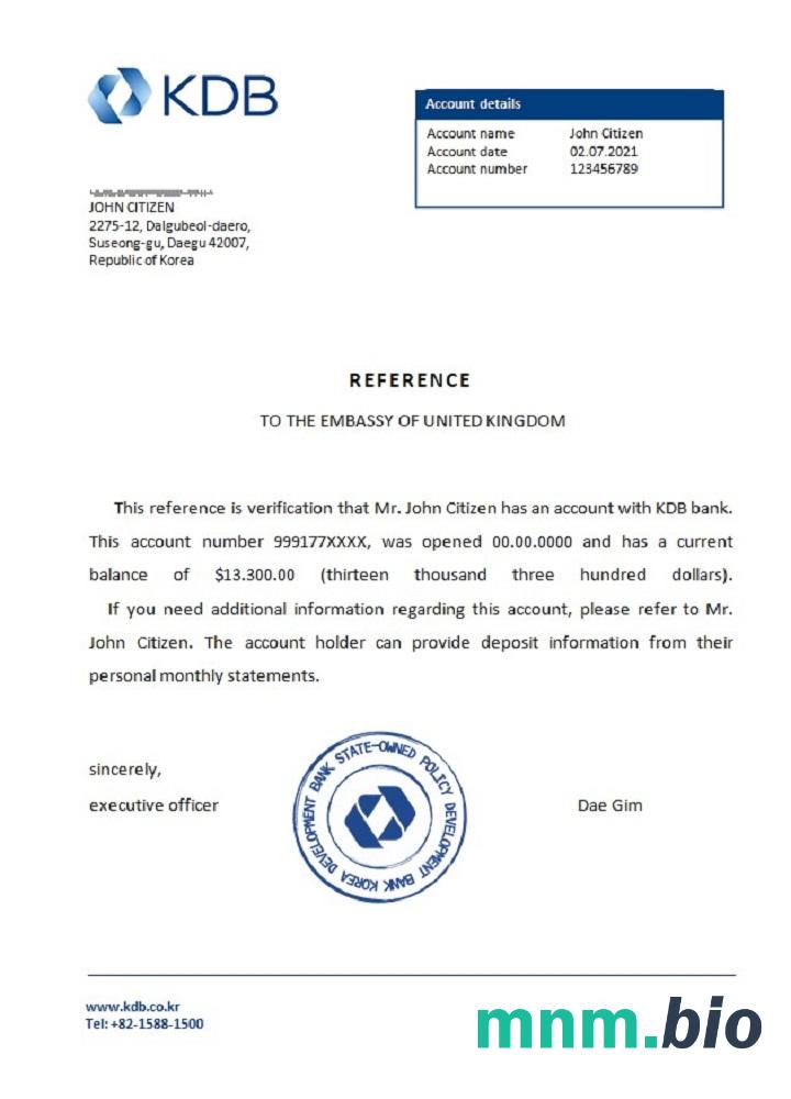 Korea KDB bank przykład odniesienia w formatach Word i PDF
